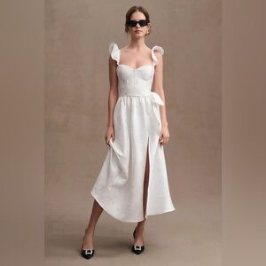 V. Chapman Vera Satin Ruffled-Sleeve Bustier Midi Dress